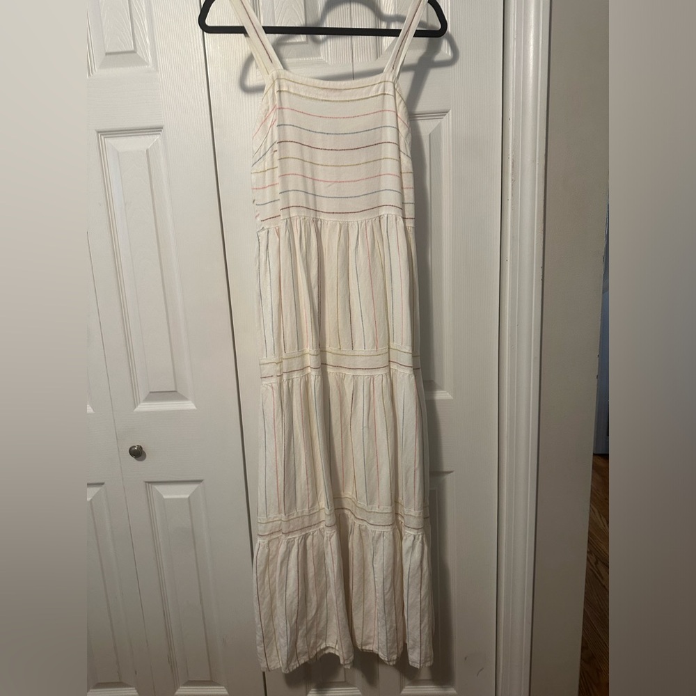 LOFT white tiered maxi dress with multicolored thread stripes, zippered up back.